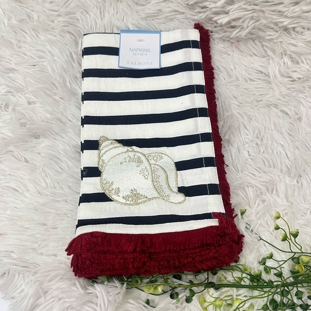 Talbots 4 Piece Napkins - Striped Blue & Red Fringes with Embroidered Shell Prin